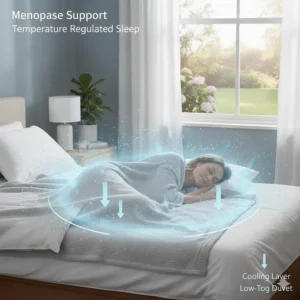 Illustration of a woman resting peacefully, showing how cooling blankets help manage menopause-related night sweats.