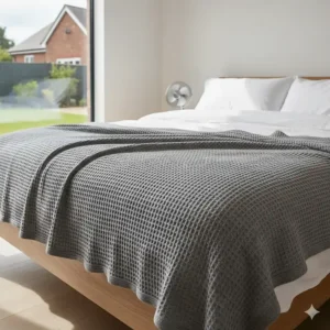 A grey waffle-knit cooling blanket designed for temperature regulation during UK heatwaves.