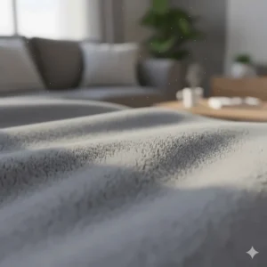 A macro shot of a cosy, grey hypoallergenic fleece blanket, showcasing the soft texture that prevents skin irritation.