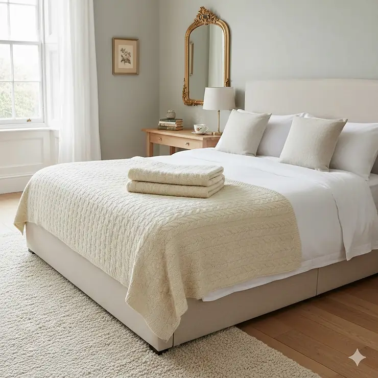 A luxury cream wool blanket neatly folded on the foot of a king-size bed in a bright British bedroom. cream blanket