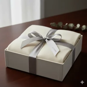 A premium cream cashmere blanket folded inside a luxury gift box with a ribbon.