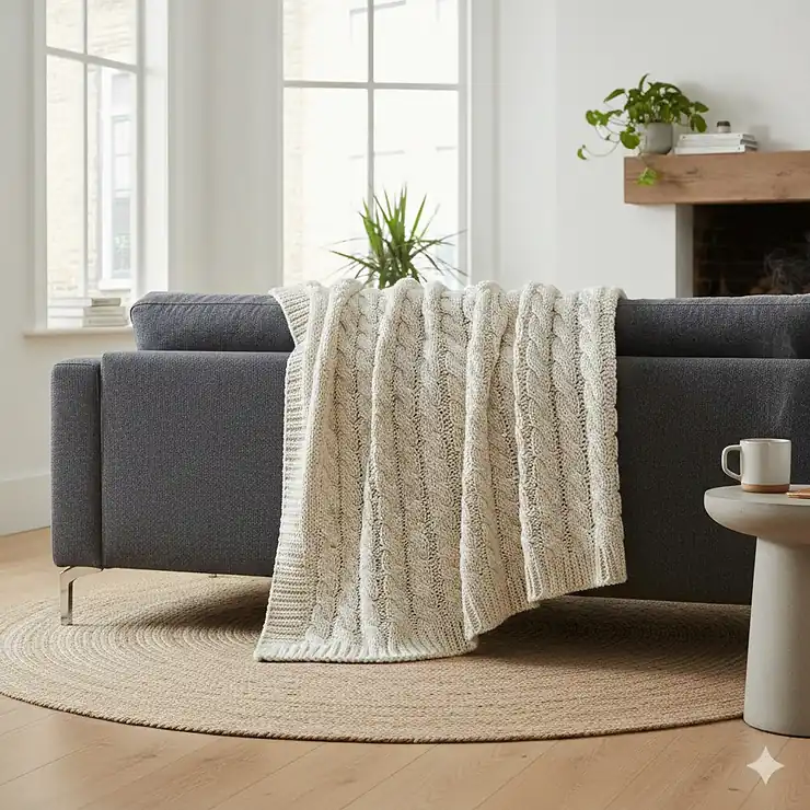 A cream cotton cable knit throw draped over a charcoal grey sofa in a modern British living room. cable knit throw