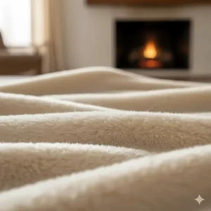 Close-up detail of the soft, plush texture of a cream fleece blanket.