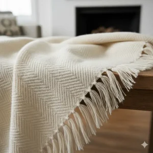 A cream herringbone pattern blanket featuring traditional fringed edges.