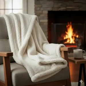 A thick cream blanket with a warm sherpa lining, perfect for cold British winters.