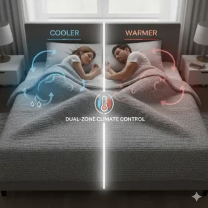 Illustration of a couple sleeping at different temperatures under one temperature regulating blanket with dual-zone climate control.