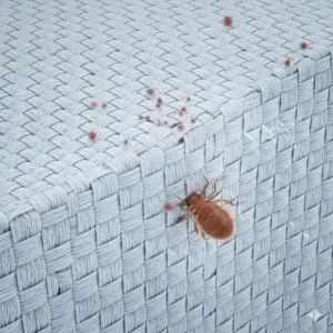 A close-up diagram of a microscopic tight-weave fabric preventing dust mites from penetrating an anti-allergy duvet.