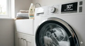A grey travel blanket being washed in a modern washing machine set to a 30-degree easy-care cycle.