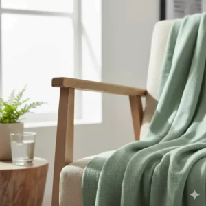 Sustainable bamboo fibre summer blanket in sage green, known for moisture-wicking properties.