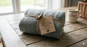 A folded travel blanket made from recycled wool, tied with twine and featuring a British recycled wool swing tag.