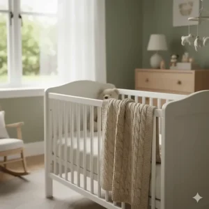 A soft, knitted hypoallergenic baby blanket draped over a cot in a British nursery, designed for infants with eczema or allergies.