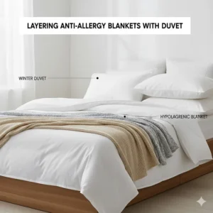 A neatly made bed showing a hypoallergenic blanket layered with a winter duvet for extra warmth and protection.