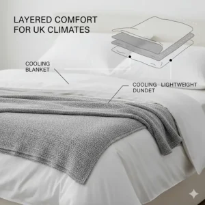 Illustration of a cooling blanket layered over a low-tog duvet, ideal for unpredictable UK weather.