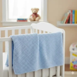 A soft blue cotton cellular blanket in a baby's cot, known as one of the best lightweight blankets for infant safety and airflow.