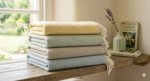 A neutral-toned linen lightweight summer throw layered with a subtle sage-green throw on a bed with crisp white cotton bedding in a sunlit British bedroom.