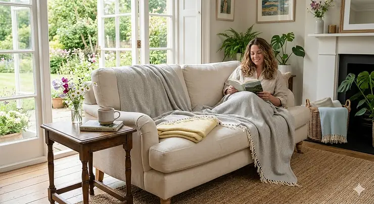 A natural light photograph in an airy British home, showing a fringed grey lightweight summer throw draped over a cream sofa while a person reads. lightweight summer throws