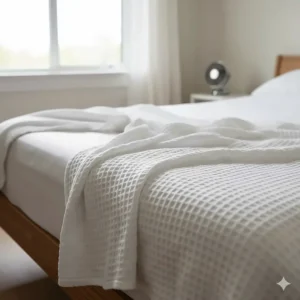 A crisp white waffle-knit blanket used as a lightweight alternative to a heavy duvet during a British heatwave.
