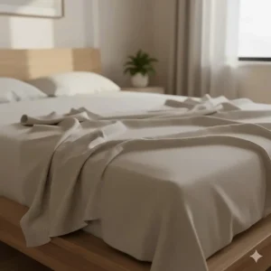 A natural-toned linen blend blanket spread across a bed, highlighting moisture-wicking properties for humid UK nights.