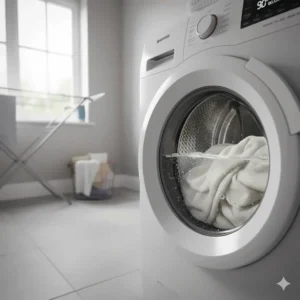 A hypoallergenic blanket being placed into a washing machine, emphasising easy care and high-temperature washing to remove allergens.