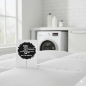 A laundry care tag showing a 60°C machine wash symbol with the text 'Kills Allergens' next to a blurred British utility room.