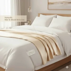 Luxurious mulberry silk blanket layered over a duvet, naturally resistant to dust mites and mould.