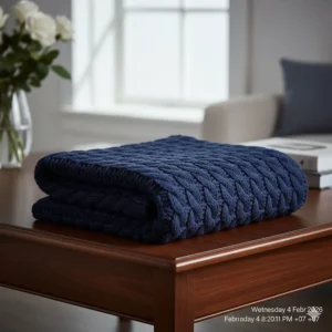 A navy blue cable knit throw folded neatly on a dark wood coffee table in a bright, airy lounge.
