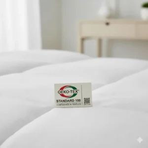 An OEKO-TEX Standard 100 label on a white hypoallergenic blanket, certifying it is free from harmful chemicals and irritants.