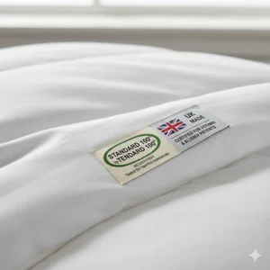The OEKO-TEX Standard 100 label on a blanket, ensuring no harmful chemicals for UK asthma sufferers.