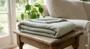 A natural light photograph on a rustic oak shelf in a British country kitchen, showing two sustainable organic cotton lightweight summer throws, neatly folded and stacked in cream and pale beige.