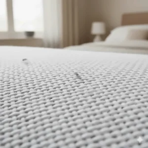 A macro photography close-up of a tight organic cotton weave designed for sensitive skin to prevent dust mite penetration.