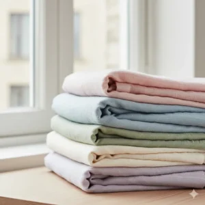 A stack of linen breathable summer blankets in various pastel colours like soft blue and blush pink.