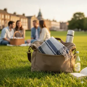 A compact, folded lightweight blanket tucked into a bag for travel or use on a British summer evening outdoors.