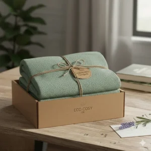 A folded recycled fleece blanket presented in a sustainable cardboard gift box, tied with twine and a decorative paper tag for an eco-friendly gift.