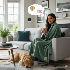 A person staying warm under a recycled fleece blanket on a sofa, with a graphic showing how it helps to lower home heating costs and energy bills.