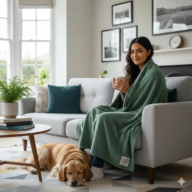 A woman sitting on a light grey sofa in a cosy British living room, wrapped in a soft sage green recycled fleece blanket while holding a steaming mug of tea. recycled fleece blanket
