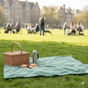 A sage green recycled fleece blanket used for a picnic in a British park, spread out on the grass with a wicker hamper and a thermos flask.