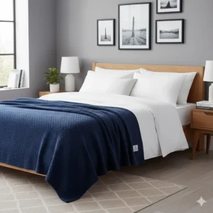 A navy blue recycled fleece throw draped over the end of a bed with white linens in a modern, neutral-toned British bedroom.