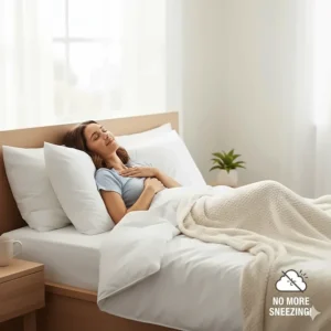 A satisfied sleeper waking up refreshed, highlighting the benefits of using blankets for dust mite allergy sufferers.