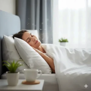 A person sleeping peacefully in a modern British bedroom, symbolising restful sleep free from allergy triggers.