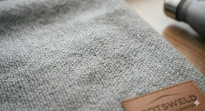 A detailed close-up showing the soft, breathable weave of a premium lightweight travel blanket with a leather brand logo.