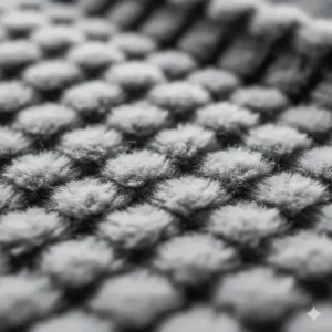 A detailed close-up showing the soft, plush texture of a grey recycled fleece blanket made from sustainable materials.