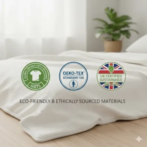 Graphic displaying eco-friendly certifications and ethical sourcing labels for temperature regulating blankets sold in the UK market.