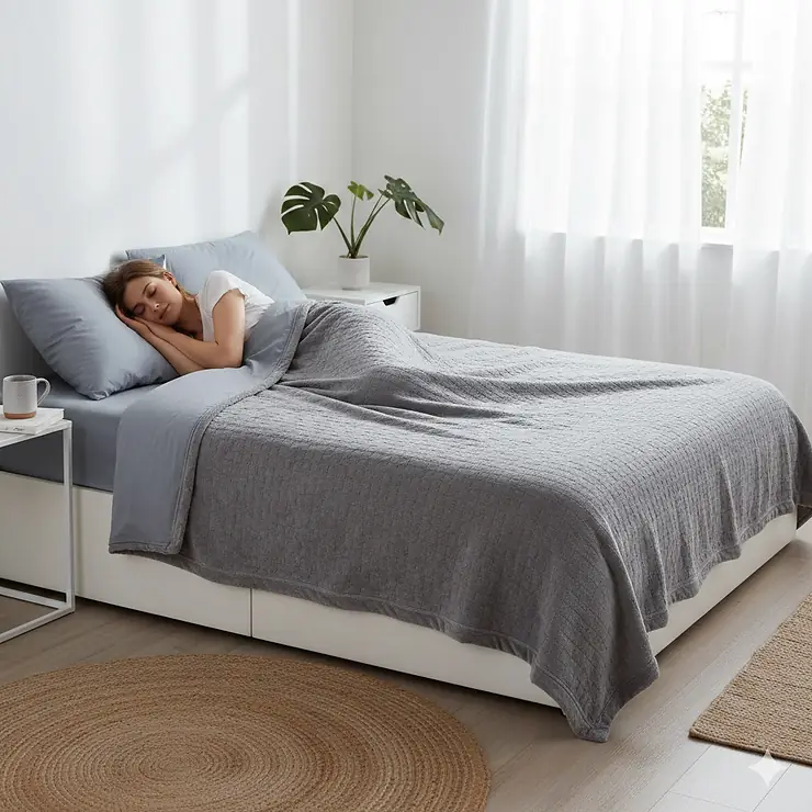A person sleeping comfortably under a grey temperature regulating blanket in a modern British bedroom, showcasing breathable fabric for year-round comfort. temperature regulating blankets