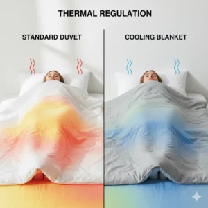 Thermal imaging comparison showing high heat under a standard duvet versus regulated temperature under a cooling blanket.