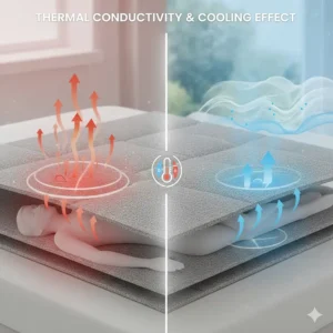Scientific diagram illustrating thermal conductivity and the cooling effect of heat dissipating through the layers of a temperature regulating blanket.