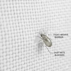 Close-up illustration of a tight-weave fabric barrier that prevents dust mites from inhabiting blankets.