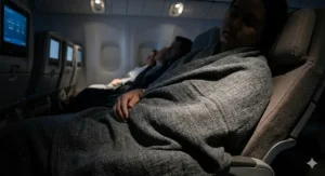 A passenger sleeping comfortably under a lightweight travel blanket during a night flight in an aeroplane cabin.