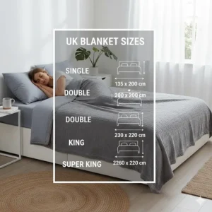 Comprehensive size chart for temperature regulating blankets featuring UK Single, Double, King, and Super King dimensions in centimetres.