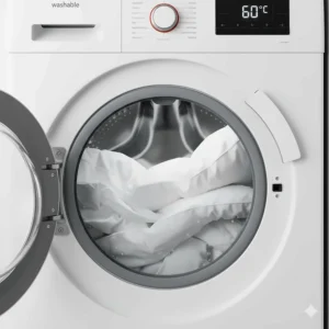 An illustration showing a blanket being machine washed at 60 degrees Celsius to effectively kill allergens and dust mites.