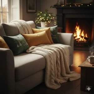 A cosy living room scene featuring a cable knit throw and mustard cushions on a sofa by a log fire.